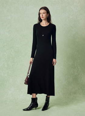CLMX 轻柔软糯弹力莱赛尔羊毛螺纹针织 圆领显脖颈修身长款连衣裙