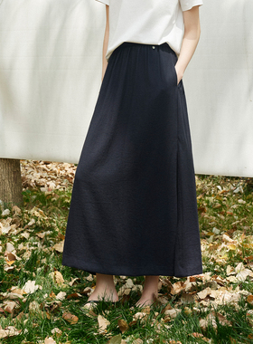 CLMX 干爽垂顺易打理亚麻莱赛尔面料 休闲简约松紧腰侧开衩半身裙