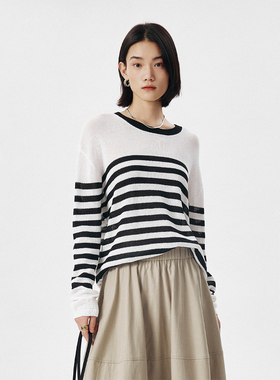 CLMX 甄选自然感莱赛尔棉和纸纱 复古通勤风条纹长袖圆领针织衫