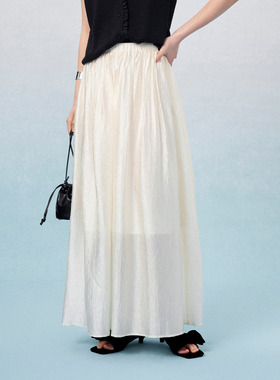 CLMX夏季简约通勤长裙雾光细坑条肌理混纺醋酸面料褶皱半身裙