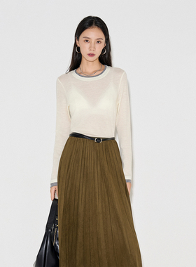 CLMX拼色领修身长袖针织衫100%羊毛轻盈柔软秋季简约通勤上衣女