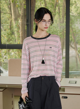 CLMX 敲细莱赛尔亚麻纱 透气舒适叠穿风圆领拼色长袖条纹针织T恤