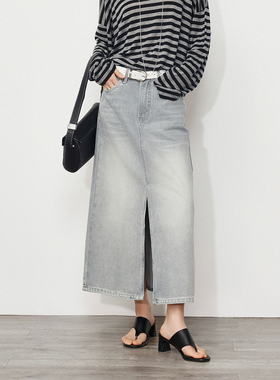 CLMX 舒适轻盈体感粗斜纹重工水洗牛仔INS博主风前开衩直身半身裙