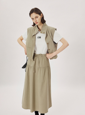 CLMX 莱赛尔棉混纺 时髦微花苞廓形立领马甲/抽绳松紧腰A型半裙