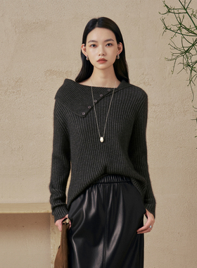 CLMX翻领长袖套头针织衫立体显瘦绵羊毛粘纤混纺纱线秋冬通勤上衣