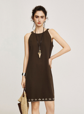 CLMX通勤休闲裙子亲肤柔垂竹节肌理莱赛尔面料刺绣连衣裙女