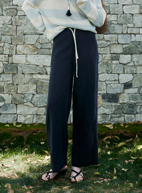 CLMX 自然肌理感莱赛尔亚麻混纺面料 休闲老钱橡筋抽绳宽松直筒裤