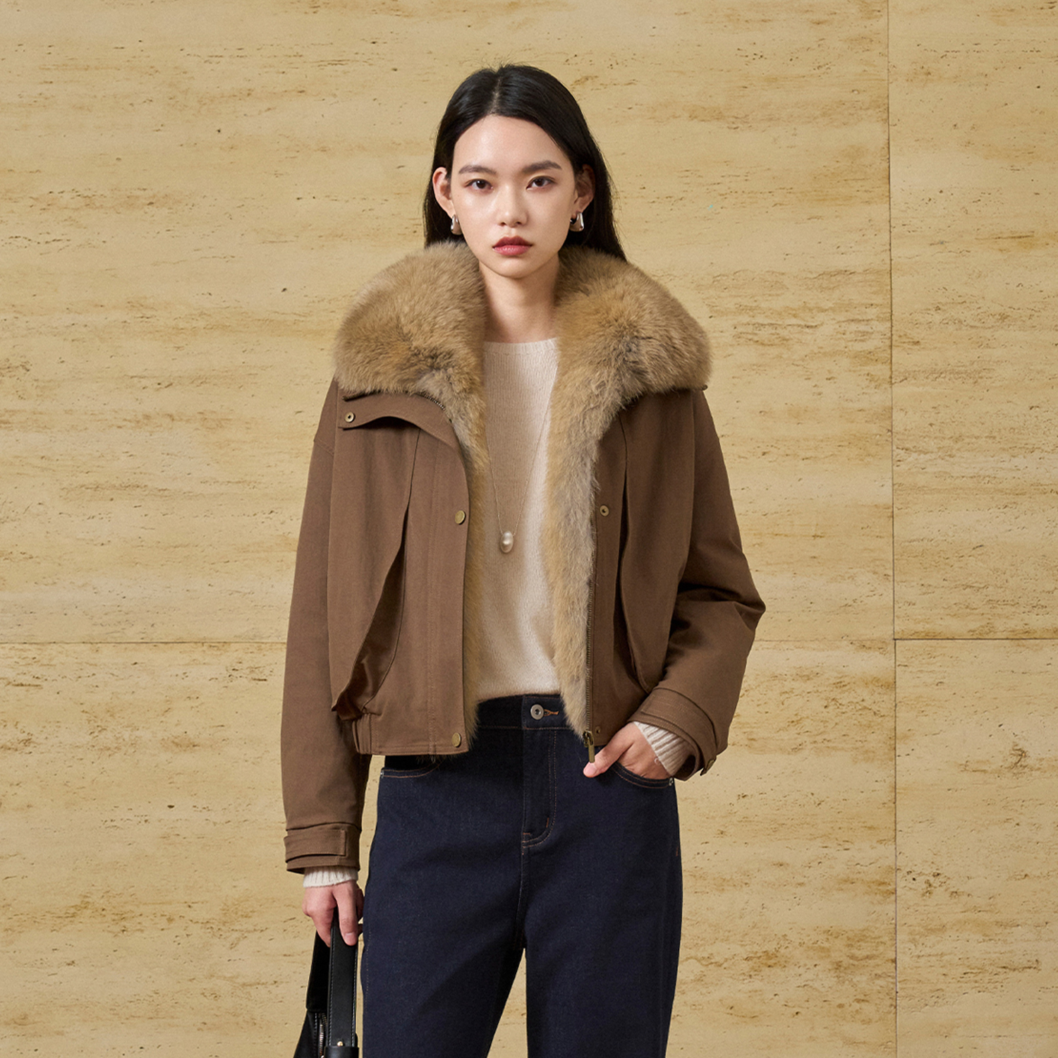 CLMX 棉莱赛尔混纺面料外套重磅可拆卸狐狸皮毛领鹅绒派克羽绒服