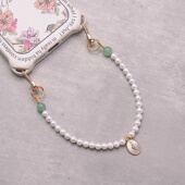 原创复古双扣头珍珠14k包金贝壳手机挂绳短款 手提垫片手机链手腕