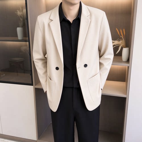【K39】杏色双排扣西装男士外套高级感商务休闲痞帅正装小西服男