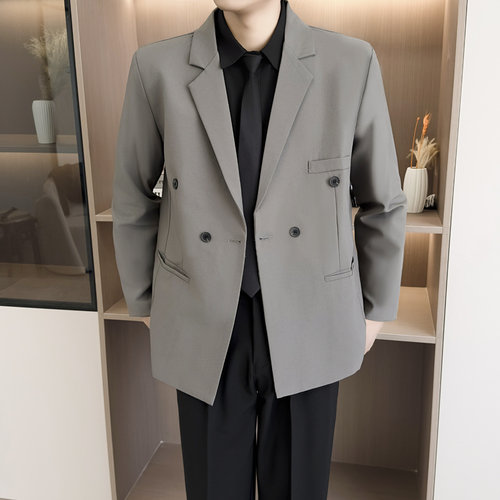 【TK75】灰色双排扣西服男士轻熟风垂坠感商务通勤痞帅小西装外套