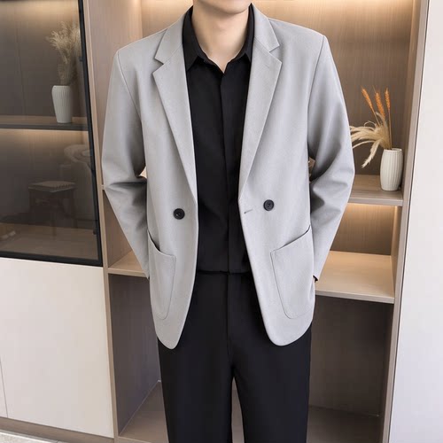 【K39】浅灰色双排扣休闲西装男士外套垂坠感商务痞帅宽松小西服
