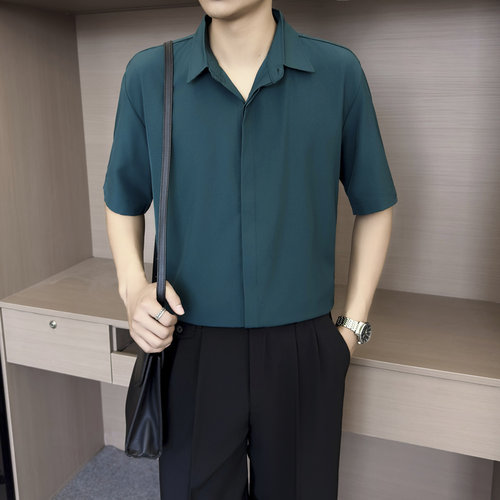 【D7】暗绿色轻熟风短袖衬衫男士暗扣垂坠感免烫商务通勤休闲衬衣