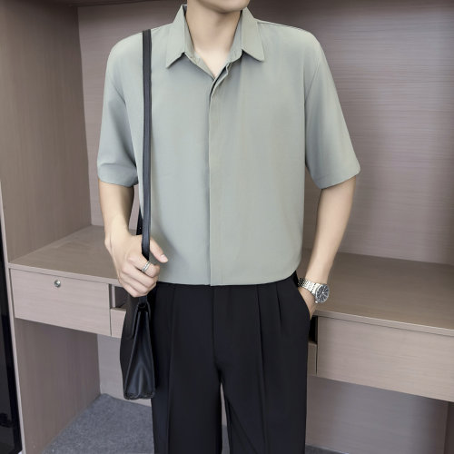 【D7】浅绿色暗门襟短袖衬衫男士冰丝垂感商务休闲轻熟风通勤衬衣