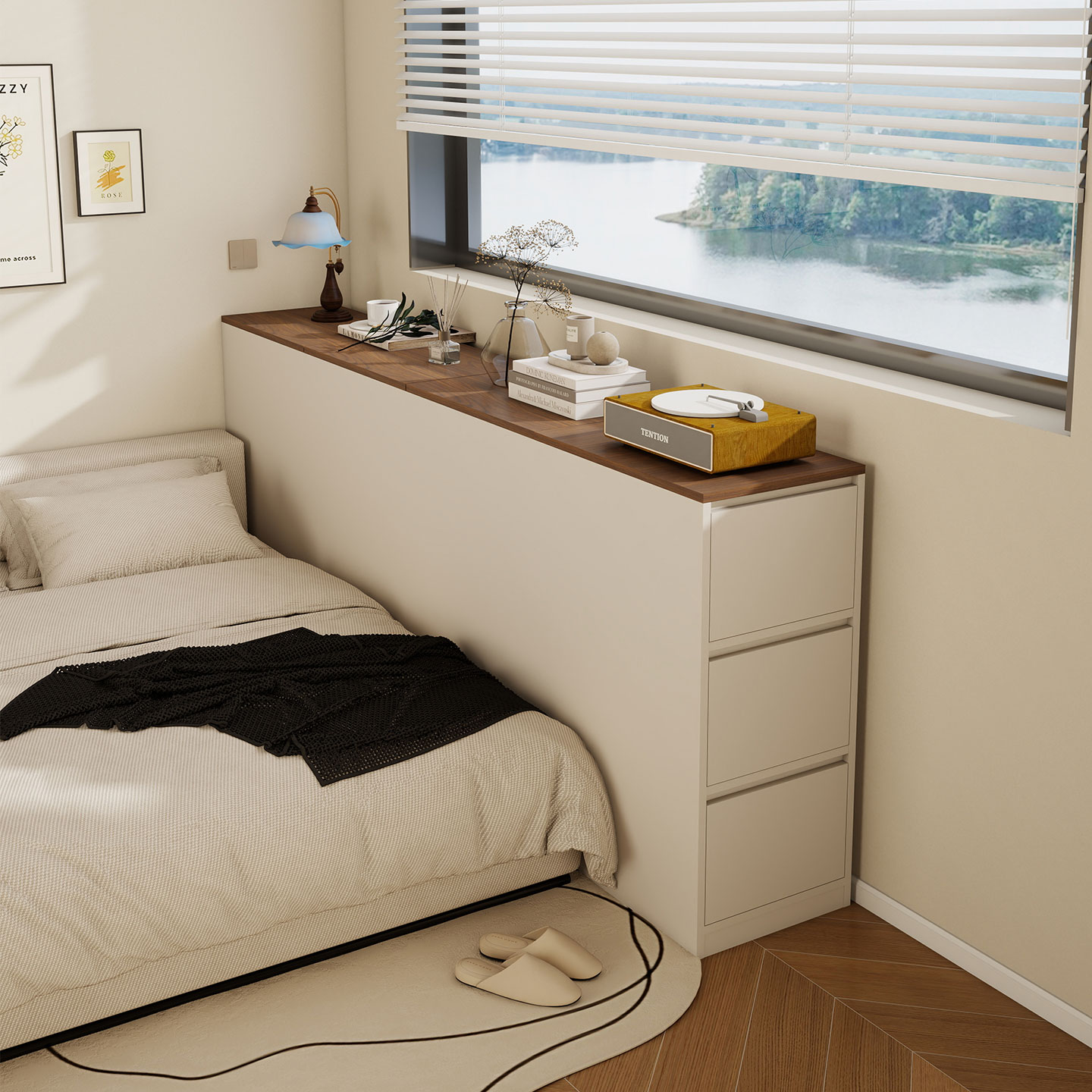 奶油复古风床头柜床边夹缝柜定制