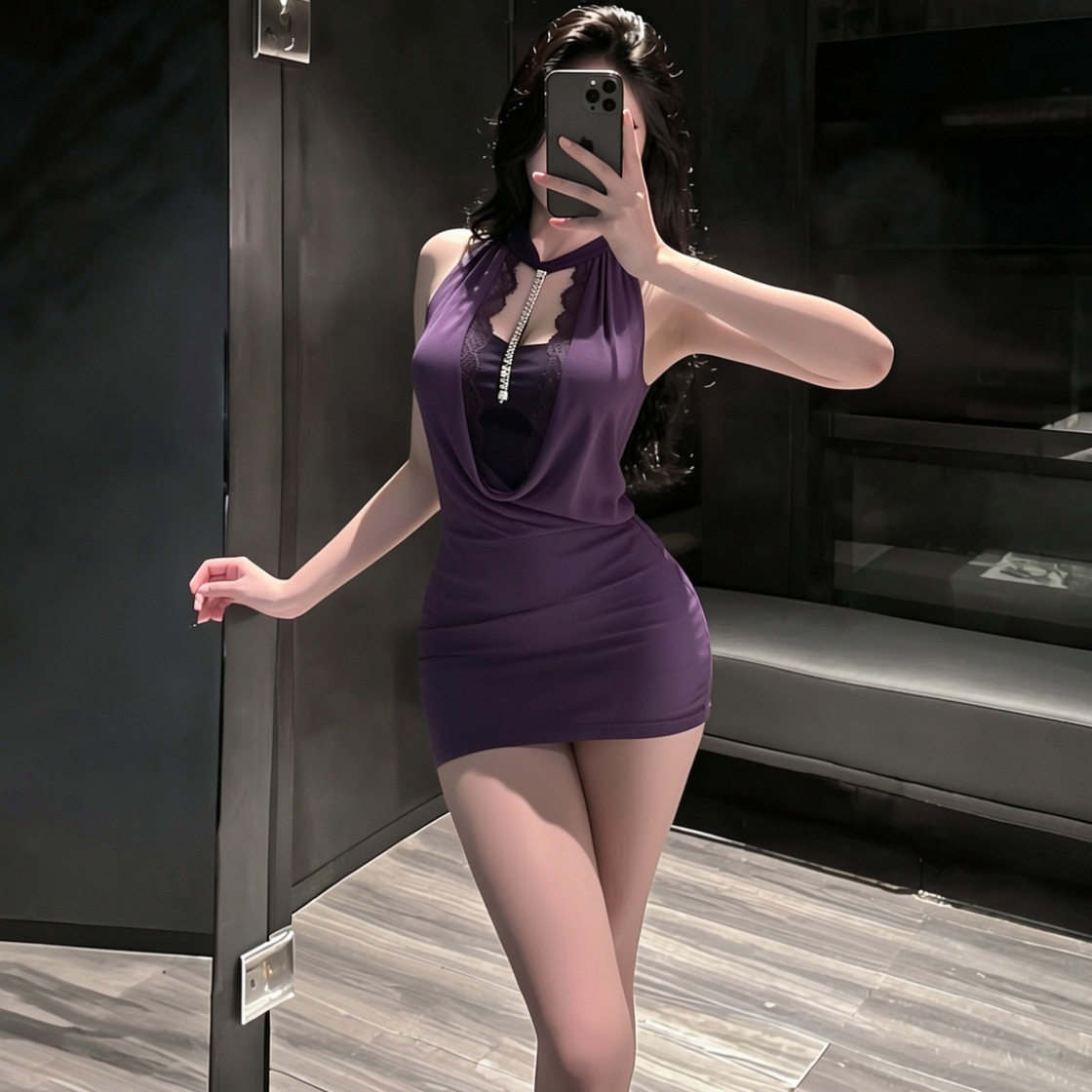 紫色纯欲挂脖镶钻网纱包臀睡裙女
