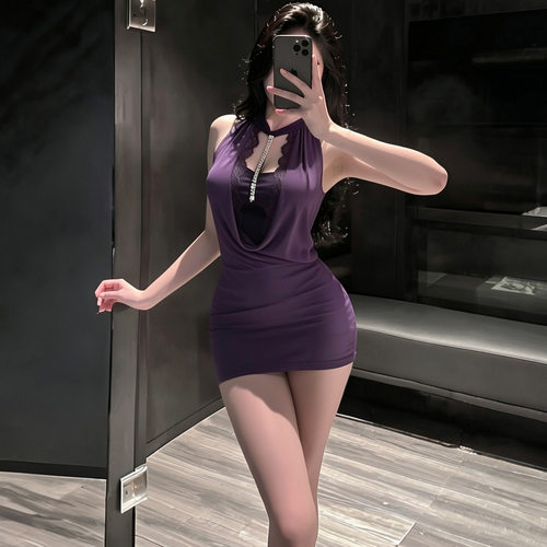 紫色纯欲挂脖镶钻网纱包臀睡裙女