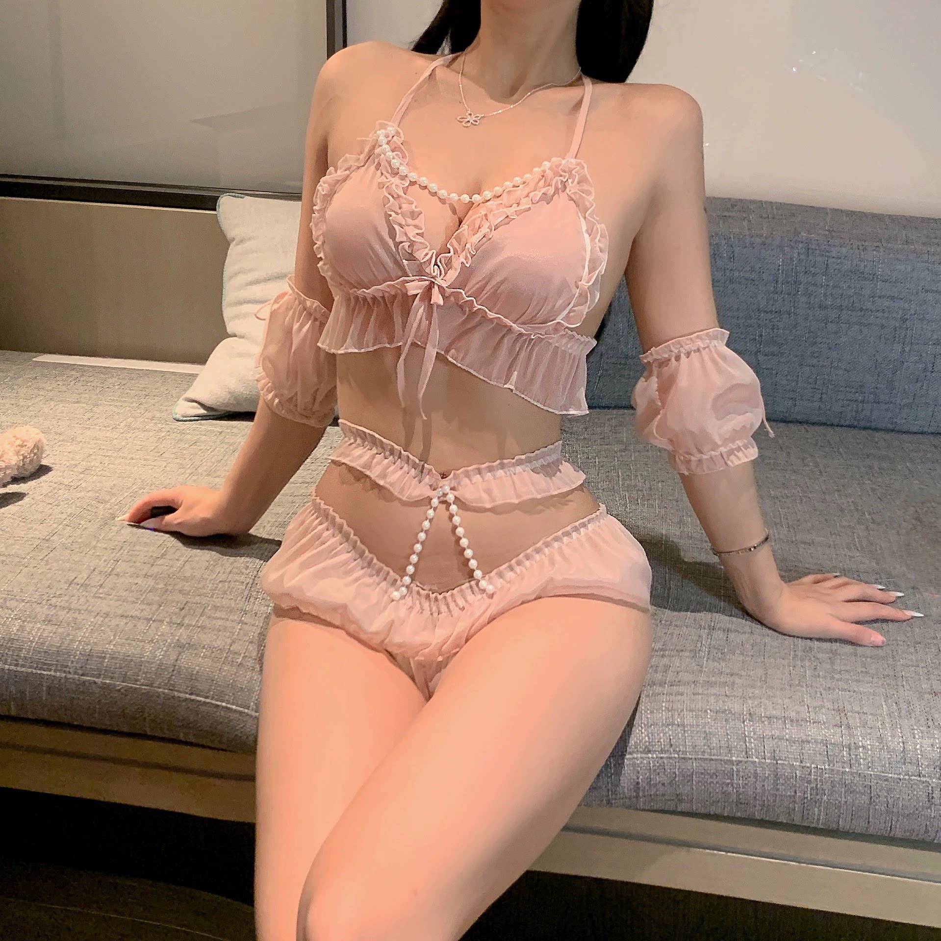 性感薄款女生三点式聚拢文胸套装