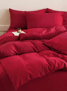 轻奢结婚四件套大红色高级感婚庆喜被套纯棉新婚陪嫁床上用品婚房