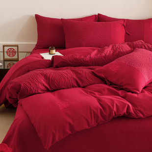 轻奢结婚四件套大红色高级感婚庆喜被套纯棉新婚陪嫁床上用品婚房