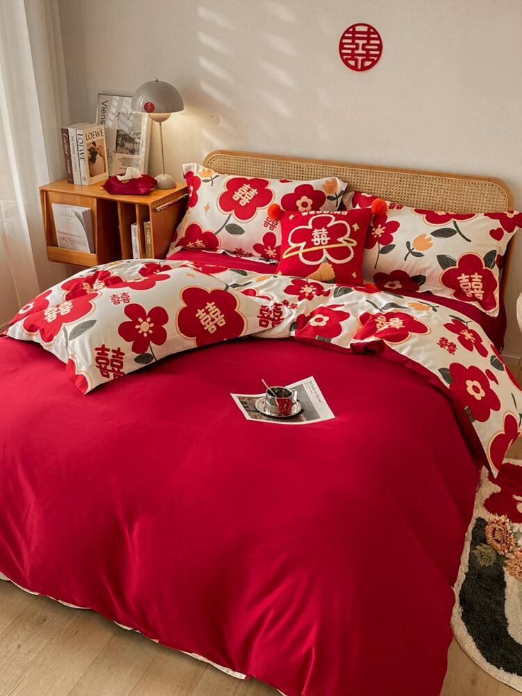 SIMPLE PRINT SMALL SAFFRON WEDDING FOUR-PIECE SET COTTON RED QUILT COVER PURE COTTON HIGH-GRADE WEDDING BEDDING WEDDING BRIDAL