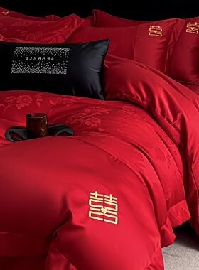 高档A类婚庆四件套红色新婚喜被套纯棉结婚床上用品婚房陪嫁床单4