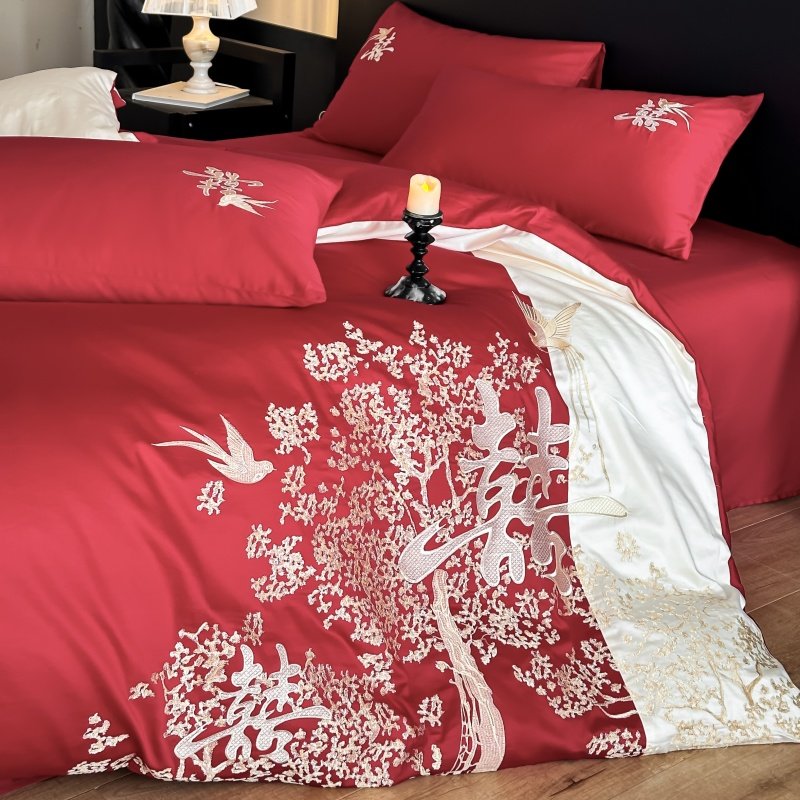 高档中式结婚四件套红色新婚陪嫁喜被套纯棉婚庆床上用品婚房床单