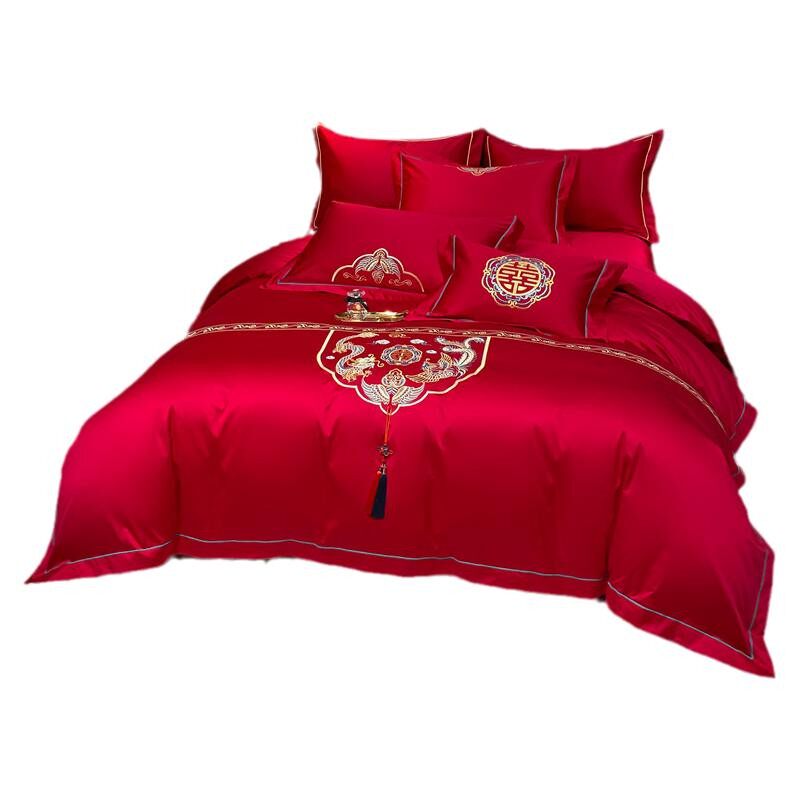 CHINESE EMBROIDERY WEDDING FOUR-PIECE SET OF BIG RED SHEETS QUILT COVER HIGH-END LUXURY COTTON COTTON WEDDING BEDDING