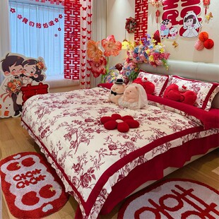 中式年轻人结婚四件套红色婚庆喜被套纯棉陪嫁床单新婚房床上用品