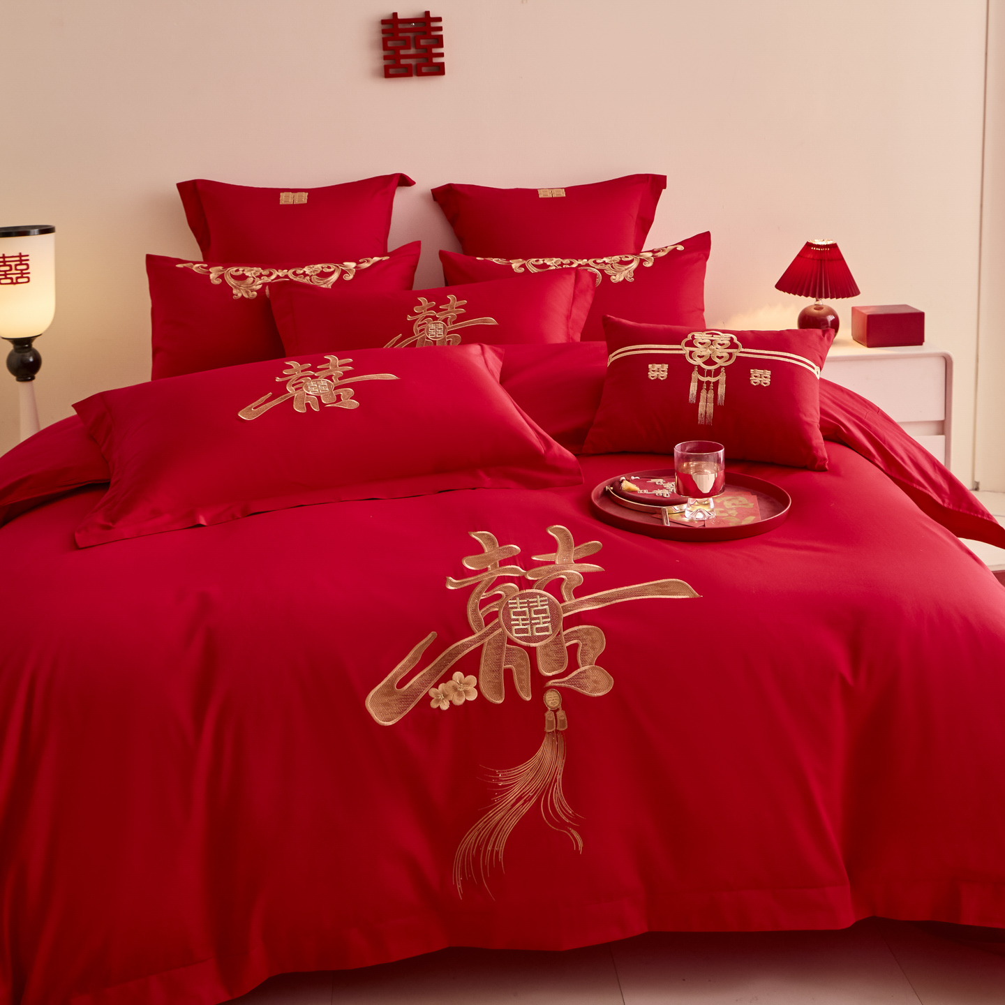 高档新中式结婚四件套红色婚房陪嫁被套纯棉婚庆床上用品备婚床单