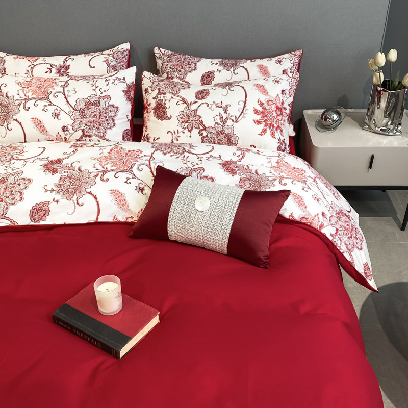 SIMPLE PRINT WEDDING FOUR-PIECE SET OF PURE COTTON RED BED SHEETS AND QUILT COVERS HIGH-END LUXURY COTTON WEDDING BEDDING
