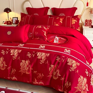 中式刺绣结婚四件套大红色新婚床单被套纯棉婚庆床上用品婚房陪嫁