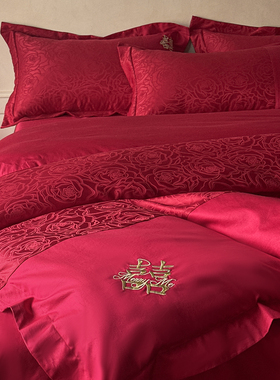 高档玫瑰提花结婚四件套红色纯棉婚庆喜被套新婚陪嫁床上用品婚房