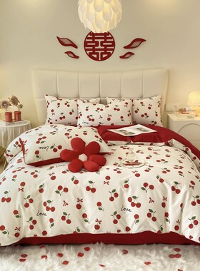 高档简约全棉结婚四件套红色床单被套纯棉婚庆床上用品新婚房喜被