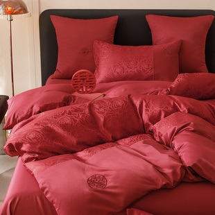 高档中式 结婚四件套大红色新婚床单被套纯棉婚庆床上用品婚房喜被