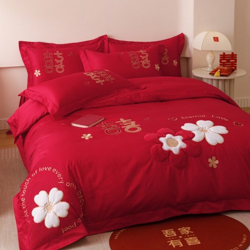 中式红色结婚四件套不褪色不起球