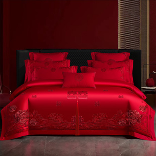 高档双喜刺绣婚庆四件套红色陪嫁喜被套纯棉结婚床上用品婚房床单