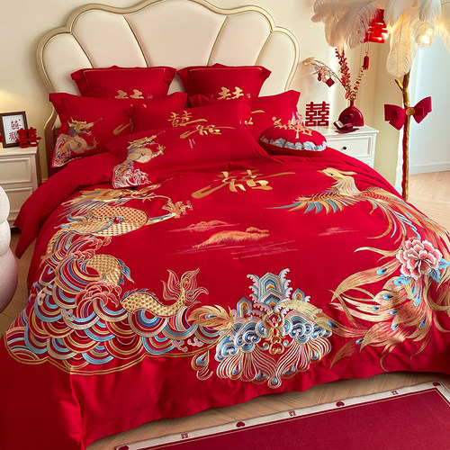 高档中式龙凤刺绣婚庆四件套大红