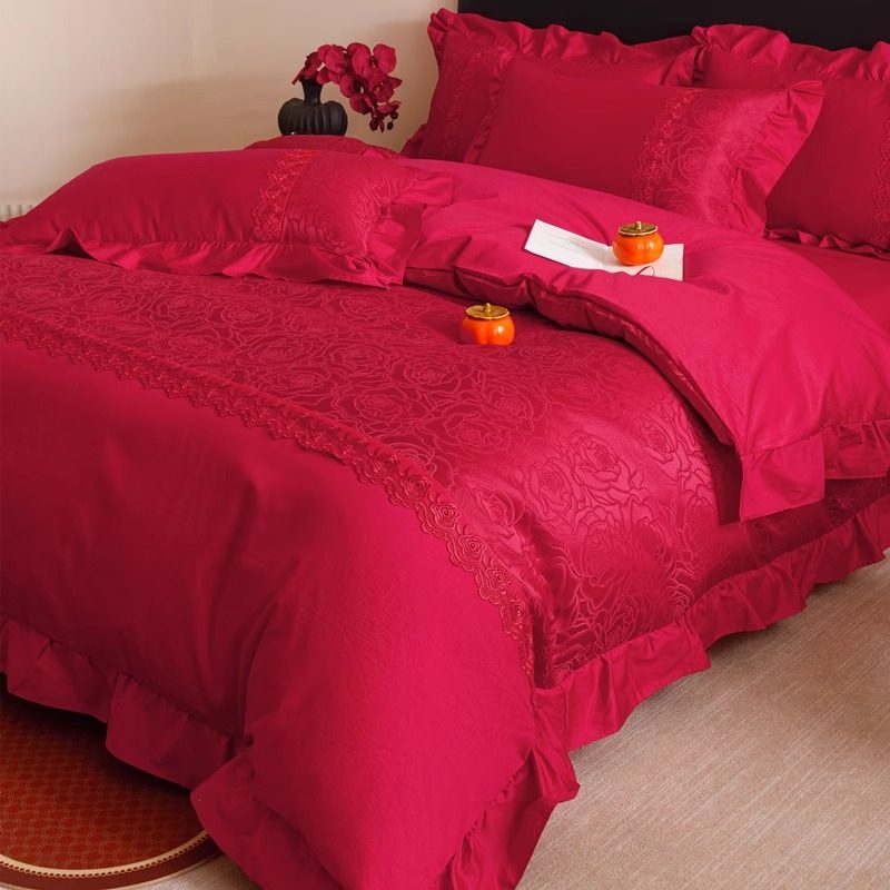 高档简约提花结婚四件套大红色新婚陪嫁被套婚庆床上用品婚房备婚