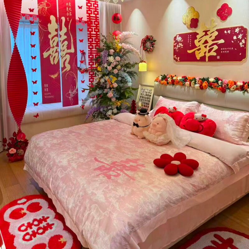 高档新中式结婚四件套红色床单被套婚礼陪嫁喜被婚庆床上用品婚房