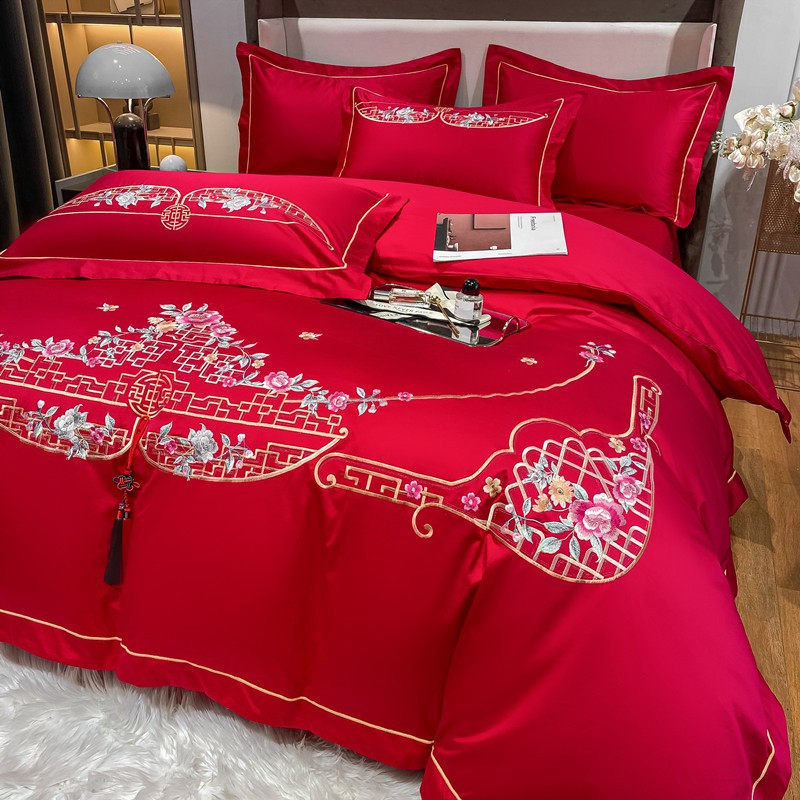 CHINESE EMBROIDERY WEDDING FOUR-PIECE SET OF BIG RED SHEETS QUILT COVER HIGH-END LUXURY COTTON COTTON WEDDING BEDDING