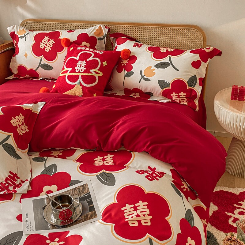 SIMPLE PRINT SMALL SAFFRON WEDDING FOUR-PIECE SET COTTON RED QUILT COVER PURE COTTON HIGH-GRADE WEDDING BEDDING WEDDING BRIDAL
