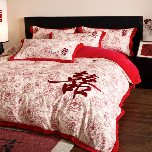 防静电不掉毛牛奶绒婚庆四件套