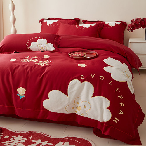 中式红色结婚四件套不掉色不起球