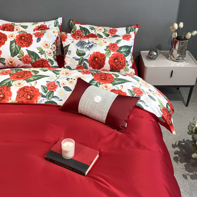 SIMPLE PRINT WEDDING FOUR-PIECE SET OF PURE COTTON RED BED SHEETS AND QUILT COVERS HIGH-END LUXURY COTTON WEDDING BEDDING