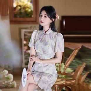古着 夏季新品旗袍紫色薰衣草短款小个子甜美日常连衣裙中式1289