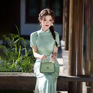 古着 春夏新款绿色旗袍裙新中式改良连衣裙文艺淑女书香年轻7173