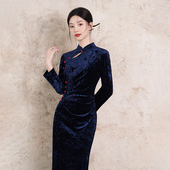 古着 显瘦气质文雅贵气1608 修身 春秋新款 旗袍捏折丝绒深蓝色长袖