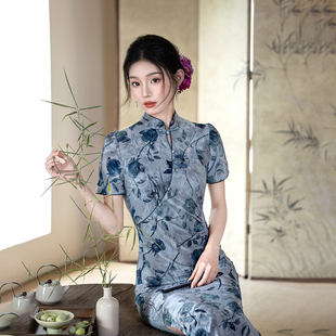 改良捏折收腰女9968 日常连衣裙中式 春秋新款 植绒旗袍蓝色印花短袖