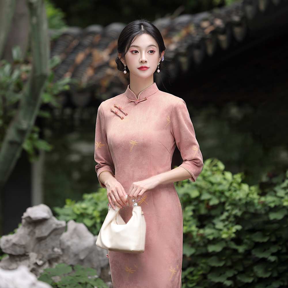 春秋新款旗袍雾粉中式复古改良连衣裙温柔小姐姐日常淑女学生7213